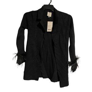 Sioni Black Open Front Cardigan With Feather Cuffs Womens XS